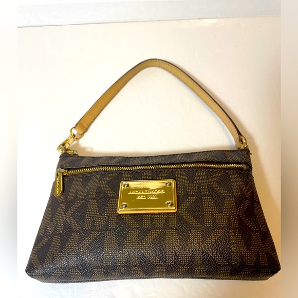 Michael Kors Zip Around Mini  purse Wristlet Clutch Brown Gold Logo Signature MK - Picture 4 of 14